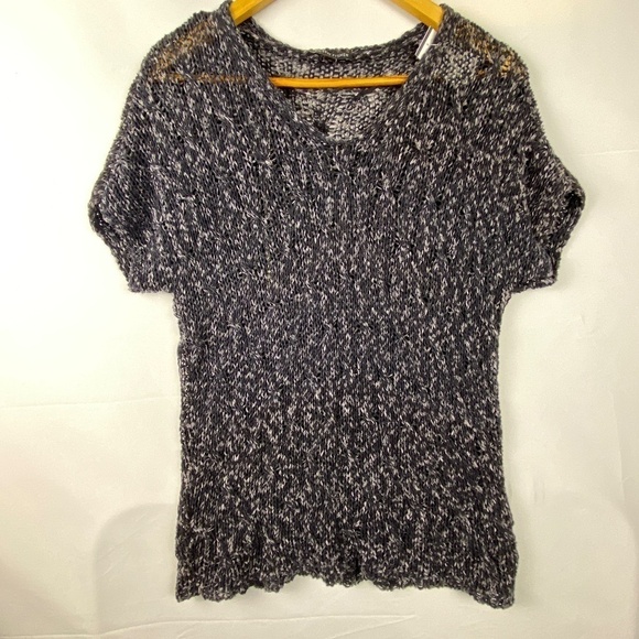 Eileen Fisher Sz: M Melange Cotton Blend V-neck sweater cap sleeves  black white - Picture 1 of 10